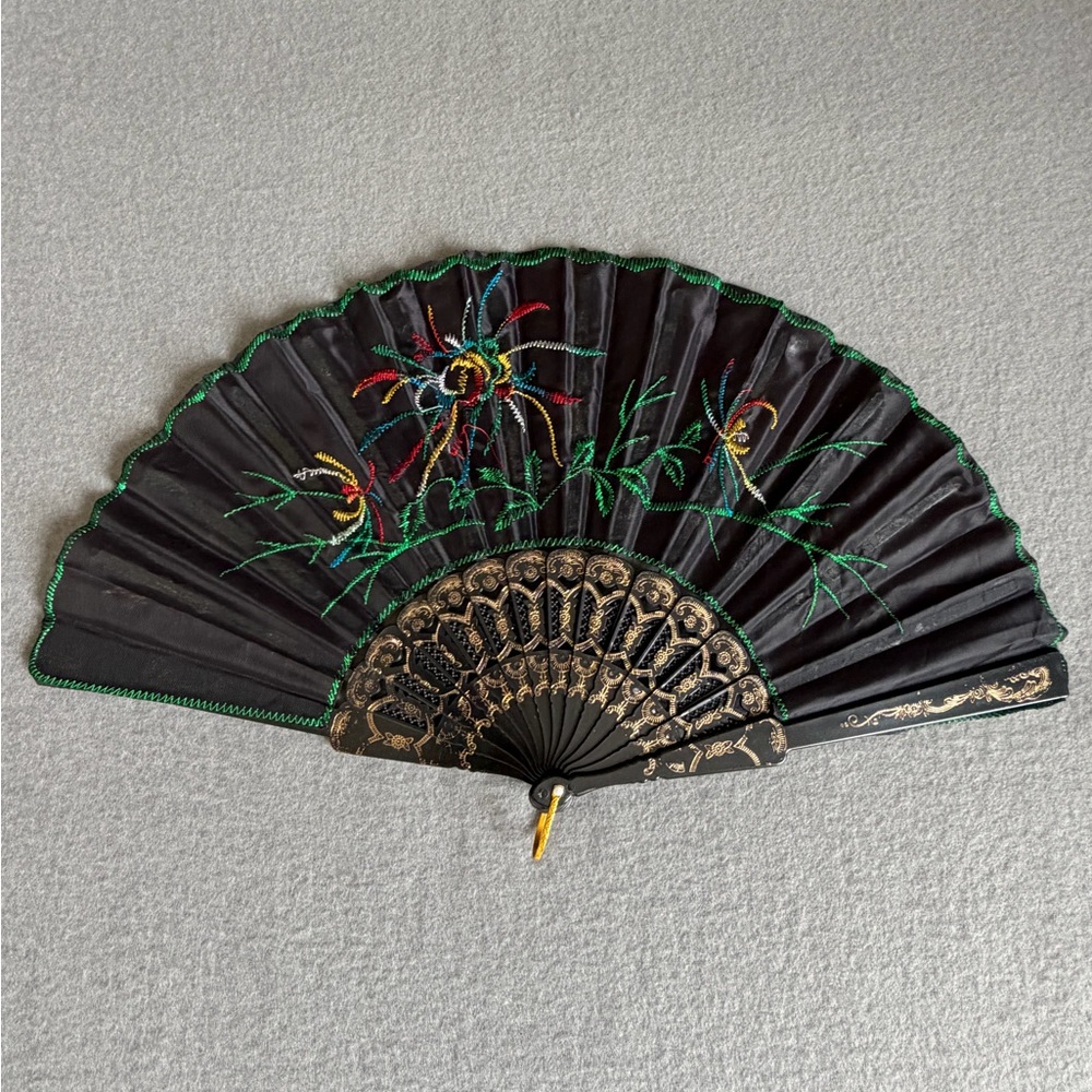 Black Embroidered Hand Fan with Floral Design